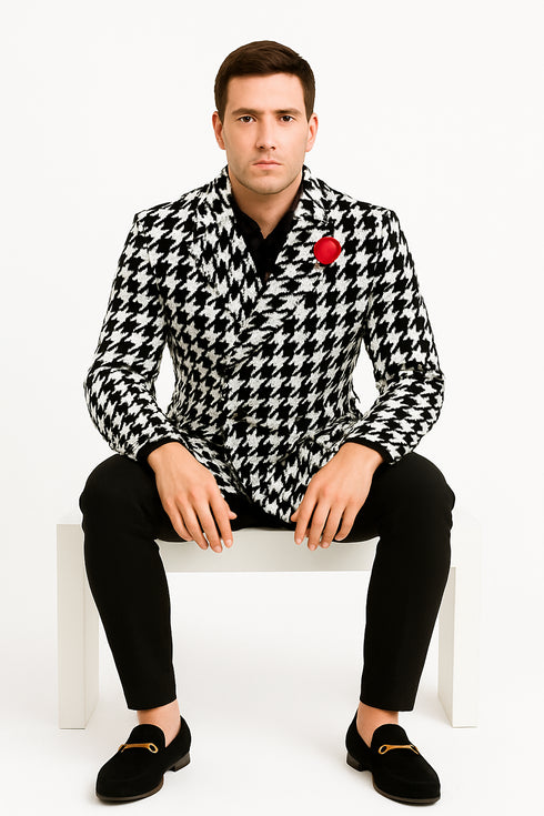 Mens Houndstooth Peacoat - Black White Check Houndstooth Wool Carcoat