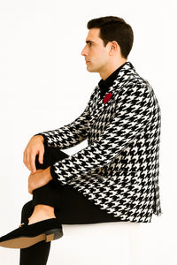 Mens Houndstooth Peacoat - Black White Check Houndstooth Wool Carcoat