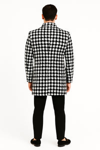 Mens Houndstooth Peacoat - Black White Check Houndstooth Wool Carcoat