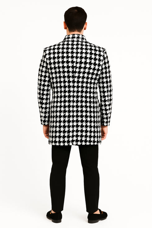 Mens Houndstooth Peacoat - Black White Check Houndstooth Wool Carcoat