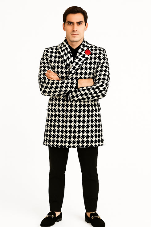 Mens Houndstooth Peacoat - Black White Check Houndstooth Wool Carcoat