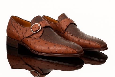 Mezlan Men's Genuine Full Quill Ostrich Leg Monk Brown  Strap Shoes