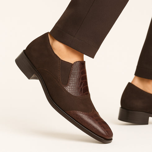 Brown Ostrich and English Suede Gored Slip On Dress Shoes for men By Mezlan Made In Spain Brand