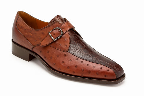 Mezlan Men's Genuine Full Quill Ostrich Leg Monk Brown  Strap Shoes