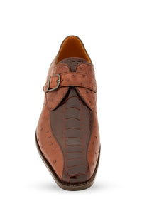 Men's Genuine Full Quill Ostrich Leg Monk Strap Brown Shoes By Mezlan Made in Spain Brand