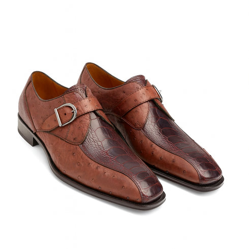 Men's Genuine Full Quill Ostrich Leg Monk Strap Brown Shoes By Mezlan Made in Spain Brand