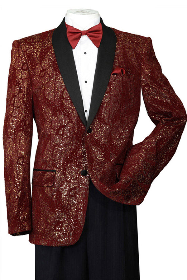 Mens 2 Button Paisley Glitter Tuxedo in Burgundy