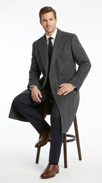 Men’s Dark Grey 44 Inch Double Breasted Wool Blend Overcoat, Long Length Dress Coat