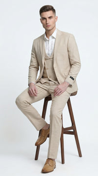 Men’s Khaki Sharkskin Wedding Suit with One Button Jacket, Double Breasted Vest and Pants