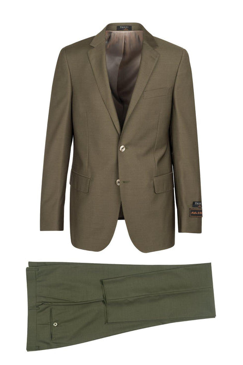 Tiglio Italian Suit - Real Wool Fabric Super 150's Novello Olive, Modern Fit Suit in Color Olive