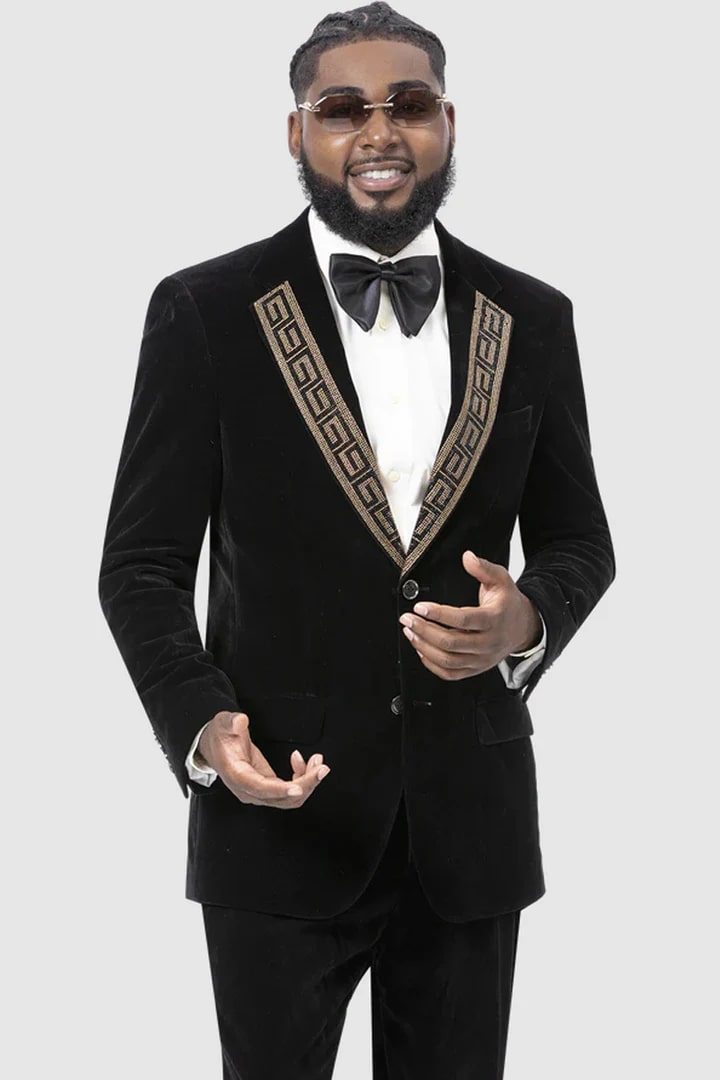 Mens Black Sport Coat -Mens Modern Fit Velvet Tuxedo Suit With Gold Sequin Lapel Embellishment In Black