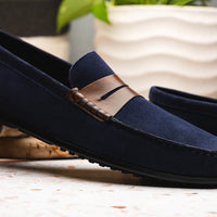 Zelli Monza Suede and Hand-Burnished Calfskin Driving Loafers in Navy