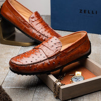 Zelli Monza Genuine Ostrich Quill Driving Loafers in Brandy