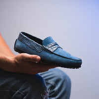 Zelli Monza Suede & Caiman Crocodile Driving Shoes in Denim