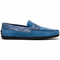 Zelli Monza Suede & Caiman Crocodile Driving Shoes in Denim