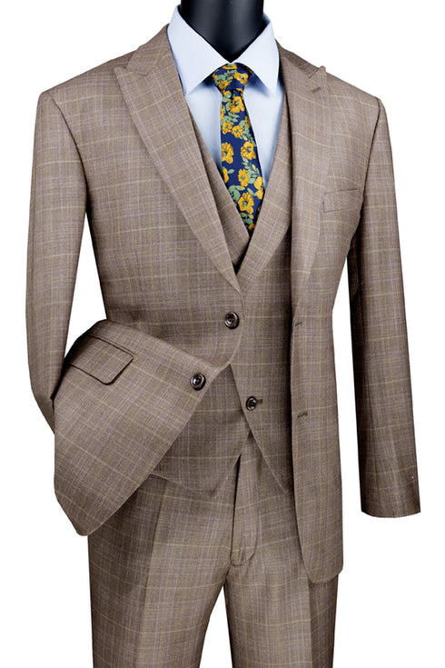 Mens 2 Button Vested Peak Lapel Plaid Suit in Tan