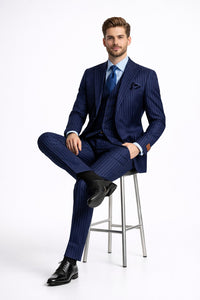Mens Peak Lapel Modern Fit - No Pleated Pants Designer Brand Navy 3 Piece Vested Suit