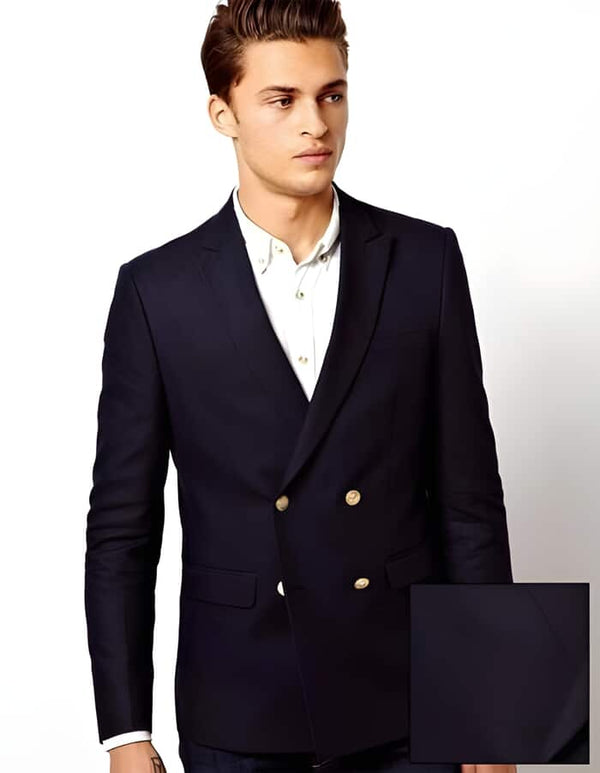 Navy Double Breasted Blazer Navy Peak Lapel men's Double Breasted Suits Jacket Four Button Solid Wool Blazer