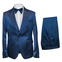 Mens Satin-Finish Pinstripe - Shiny Metallic Stripe Peak Lapel in Color Navy - Modern Fit By Rossiman