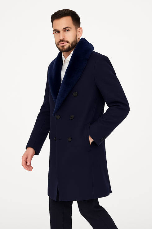 Mens Navy Wool Overcoat with Royal Blue Faux Fur Shawl Collar Cashmere Carcoat