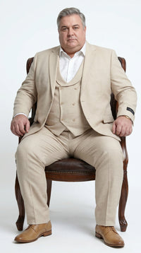 Men’s Khaki Sharkskin Wedding Suit with One Button Jacket, Double Breasted Vest and Pants