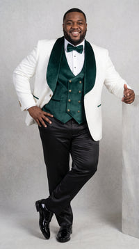 Marco Lorenzo Premium White Paisley 4 Piece Suit with Green Velvet Shawl Lapel and Matching Bow Tie
