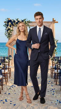 Men’s Navy Linen Suit for Beach Wedding, Summer Dress Suit with Jacket and Pants