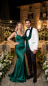 Marco Lorenzo Premium White Paisley 4 Piece Suit with Green Velvet Shawl Lapel and Matching Bow Tie