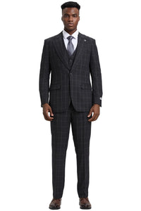 Men's Stacy Adams Vest Classic Bold Windowpane Suit in Dark Charcoal Grey