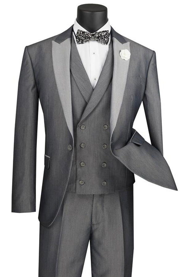 Mens 1 Button Contrast Peak Lapel Double Breasted Vest Tuxedo Suit in Silver