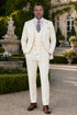 Men's Off White Statement Ticket Pocket Peak Lapel Wool Double Breasted Vest Suit with Gold Buttons – Modern Fit