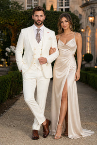 Men's Off White Statement Ticket Pocket Peak Lapel Wool Double Breasted Vest Suit with Gold Buttons – Modern Fit