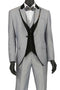 Mens 1 Button Trim Peak Vested Tuxedo Suit in Silver
