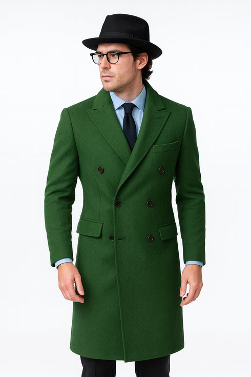 Double Breasted Long Overcoat One Chest Pocket Olive Green - Mens Car Coat Mens Topcoat