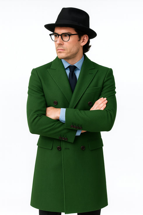 Double Breasted Long Overcoat One Chest Pocket Olive Green - Mens Car Coat Mens Topcoat