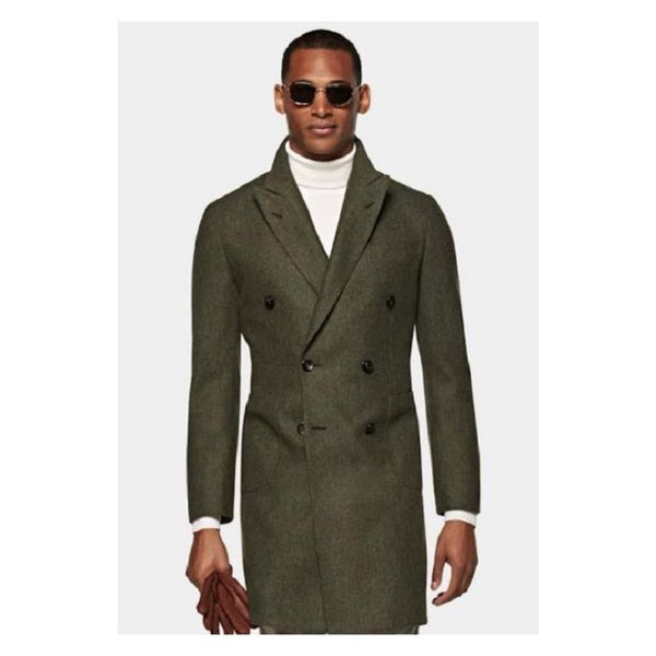 Olive Green Peacoat - Three Quarter Double Breasted Overcoat - Wool Topcoat By Alberto Nardoni