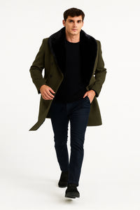 Mens Olive Green Wool Overcoat with Black Faux Fur Shawl Collar – Double Breasted Winter Coat