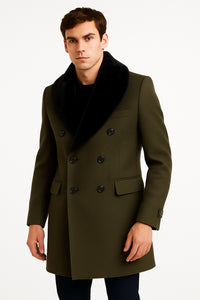 Mens Olive Green Wool Overcoat with Black Faux Fur Shawl Collar – Double Breasted Winter Coat