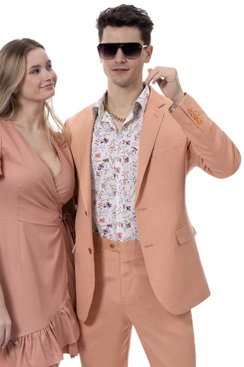 Men's Modern Fit Casual Summer Linen Suit in Salmon Coral Orange