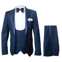 Men’s Navy Blue Tuxedo with Satin Peak Lapel with navy sateen  – 3 Piece Formal Suit with Vest and Bow Tie