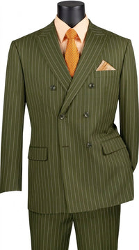 Men’s Olive Green Pinstripe Double-Breasted Suit – Classic Wedding, Business and Formal Suit