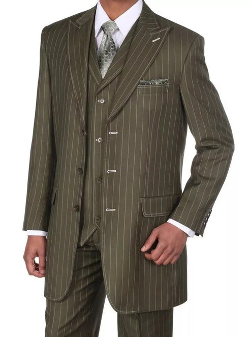 Mens Olive Green Pinstripe Zoot Suit – 1920s Gangster Vintage 3-Piece Suit for Formal and Themed Events