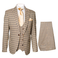 Men’s Beige and Navy Check 3-Piece Suit Set – Premium Tailored Fit Formal Wedding and Business Suit By Rossiman