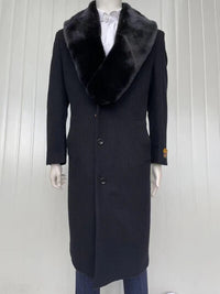 Men’s Black Long Overcoat with Faux Fur Collar, Full Length Winter Topcoat for Formal and Business Wear