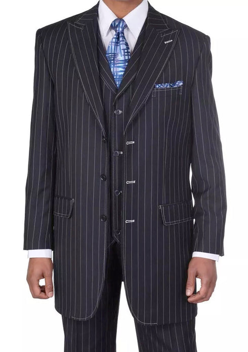 Men’s Three Button Suits -  Navy Blue Pinstripe Three-Piece Suit – Classic Business and Formal Wear with Tailored Fit