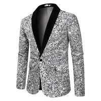 Men’s Silver Sequin Blazer Disco Style Jacket – Black Lapel Party Blazer, Shiny Evening Wear, 70s Dance Outfit, Formal Event Jacket