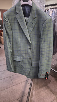 Men’s Sage Green Windowpane 2-Piece Suit – Modern Fit Plaid Wedding, Business and Formal Suit