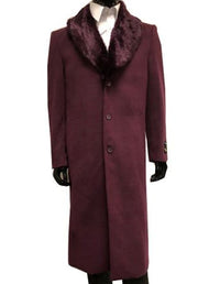 Men’s Burgundy Three Quarter Coat with Faux Fur Collar Overcoat – Luxury Winter Outerwear Three Quarter Carcoat Topcoat