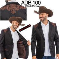 Men’s Black & Brown Western Blazer – Cowboy Sport Coat with Brown Embroidered Shoulder & Back Design