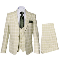 Men’s Light Beige Check 3-Piece Suit Set – Premium Tailored Fit Formal Wedding and Spring Event Suit Light Tan Sand Color By Rossiman